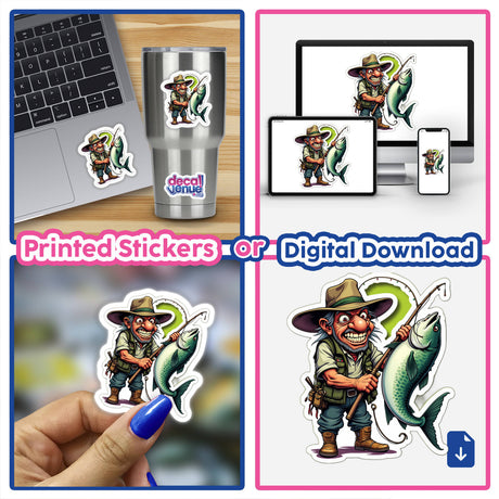 Collage featuring A Super Tainha stickers: a cartoon fisherman holding a fish, a laptop and cup with stickers, and a man fishing. Available as stickers or digital artwork.