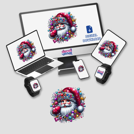 Colorful Christmas Jeweled Santa Claus Face depicted on a computer monitor and laptop screen, available as stickers or digital artwork from Decal Venue.