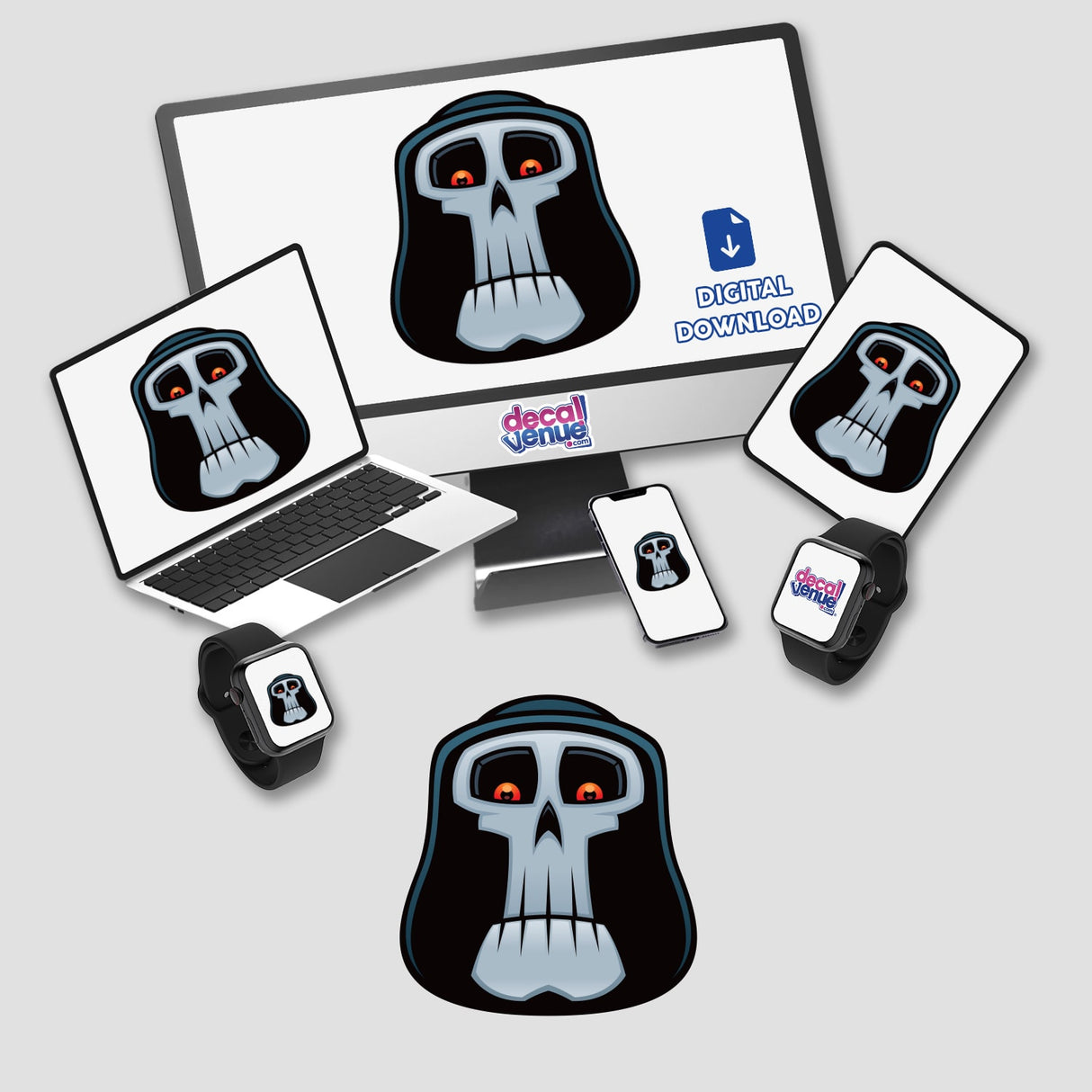 Grim Reaper sticker featuring a cartoon skull displayed on a computer monitor and laptop screen, symbolizing edgy digital art. Perfect for adding a unique touch to your devices.