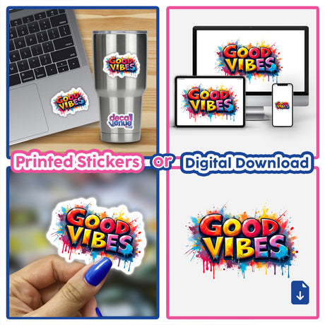 Good Vibes Graffiti Art sticker displayed on a laptop keyboard, showcasing vibrant and colorful text, available as a sticker or digital artwork from Decal Venue.