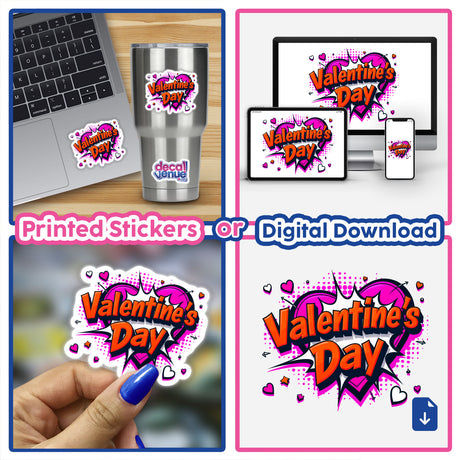 Collage featuring the Valentine's Day Love Heart sticker on a laptop, surrounded by a person holding a sticker, a close-up of a cup, and a computer screen with heart designs.