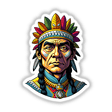 A Native American Warrior Chief cartoon featuring a man with a vibrant headdress, offered as stickers or digital artwork from Decal Venue's unique collection.