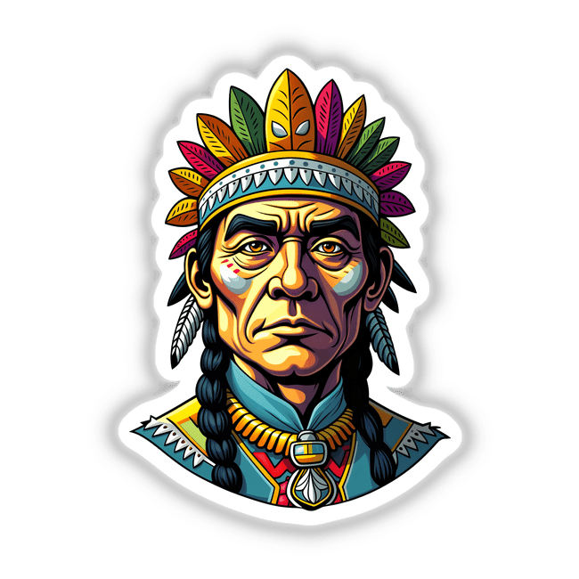 A Native American Warrior Chief cartoon featuring a man with a vibrant headdress, offered as stickers or digital artwork from Decal Venue's unique collection.