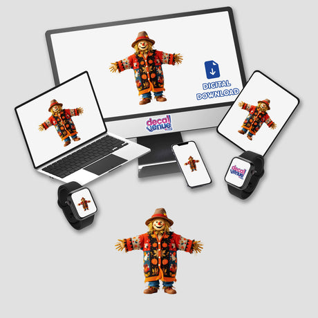 Adorable Scarecrow Knit Fabric Design featuring digital artwork on a computer monitor and laptop screens, ideal as unique stickers or digital art, showcasing whimsical scarecrow motifs.