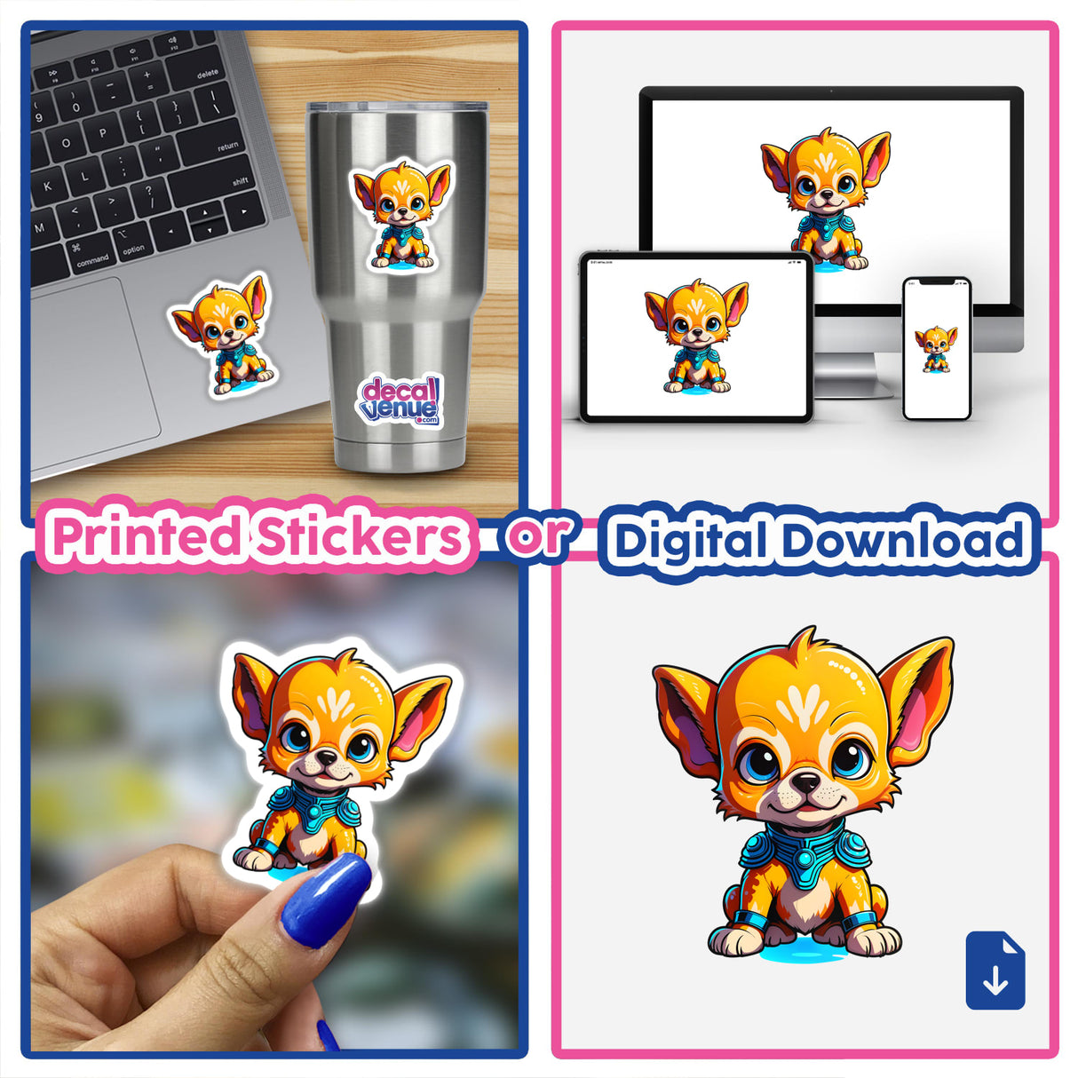 Cute Puppy From Outer Space sticker featuring a cartoon dog with blue eyes and a collar. Available as stickers or digital artwork, perfect for laptops and cups.