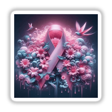 Breast Cancer Silver Series 7 sticker shows a delicate pink ribbon adorned with flowers and birds, reflecting both beauty and hope.