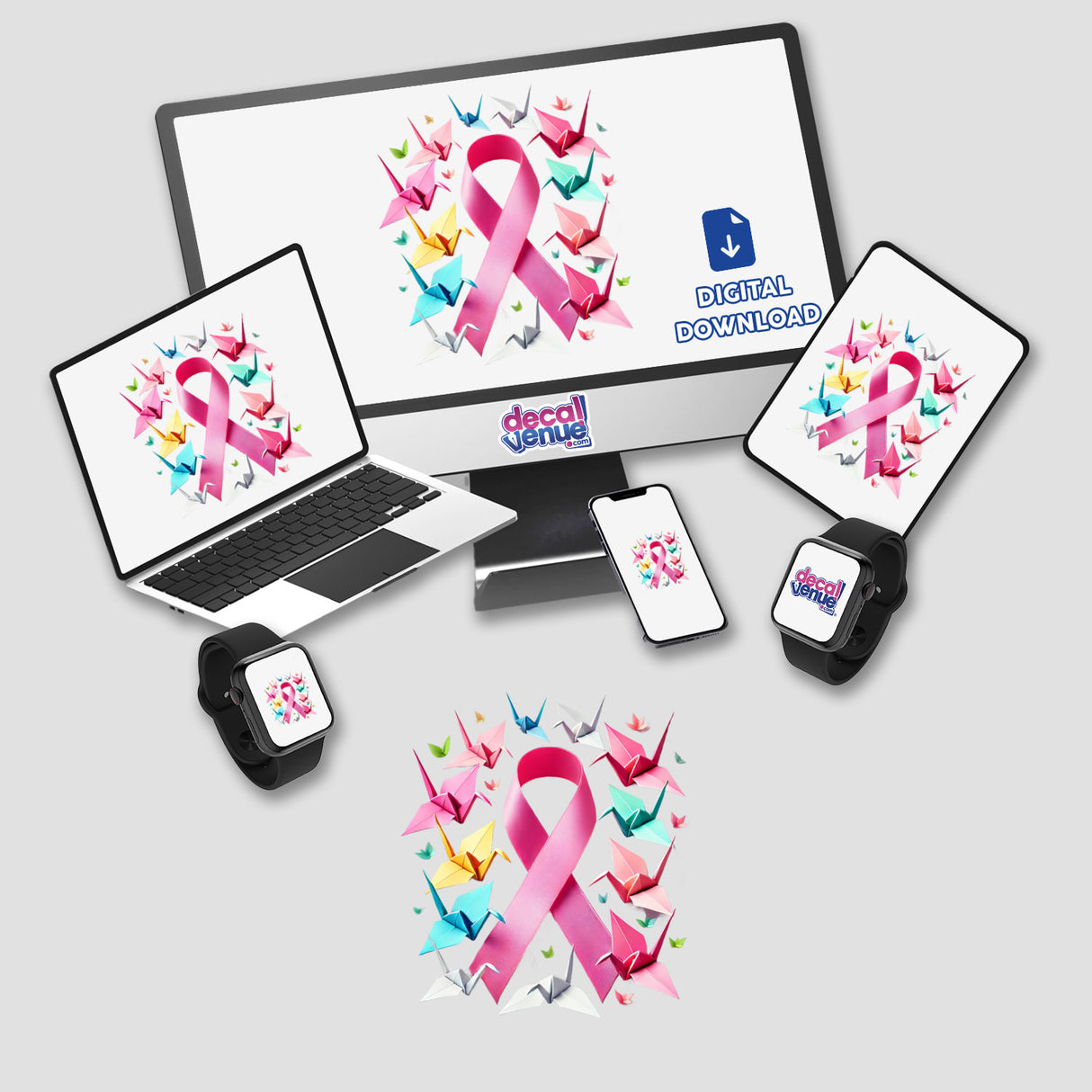 Pink Ribbon and Paper Cranes Breast Cancer Awareness displayed on various devices, including a laptop, tablet, smartphone, and smartwatch, highlighting the design's versatility for stickers or digital artwork.