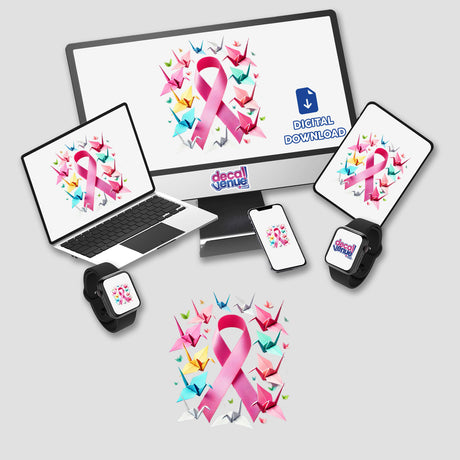 Pink Ribbon and Paper Cranes Breast Cancer Awareness displayed on various devices, including a laptop, tablet, smartphone, and smartwatch, highlighting the design's versatility for stickers or digital artwork.