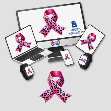 Leopard Spots Animal Print Pink Ribbon Breast Cancer displayed on a laptop screen, available as stickers or digital artwork.