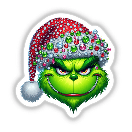 Bling Green Grouch Christmas Santa, a cartoon character with a gem-adorned hat, available as unique stickers or digital artwork from Decal Venue.