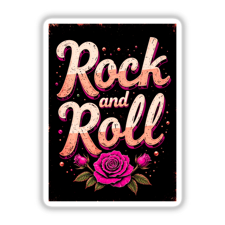 Rock And Roll Roses design featuring a black and pink sign adorned with artistic roses and stylized text, available as stickers or digital artwork from Decal Venue.