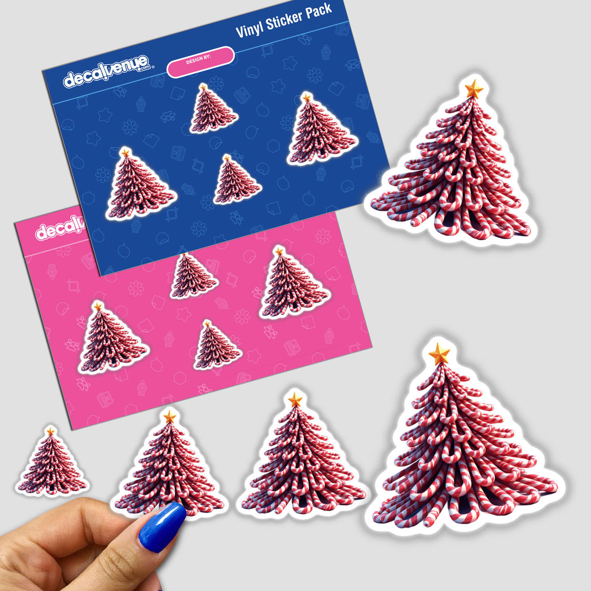 Candy Cane Tree stickers featuring candy canes shaped like a Christmas tree, with a close-up of a hand holding one. Available as stickers or digital artwork from Decal Venue.