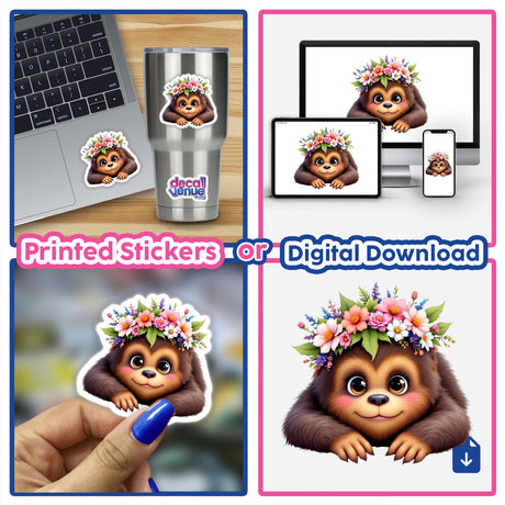 Adorable Sasquatch with a Spring Flower Crown collage featuring cartoon monkeys adorned with floral headpieces, showcased as stickers or digital artwork, highlighting unique designs from Decal Venue.