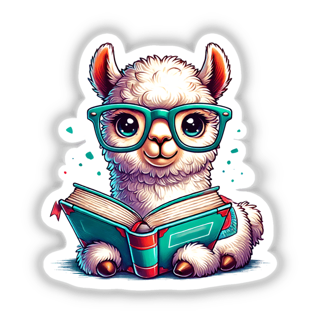 Cartoon llama with reading glasses holding an open book, available as stickers or digital artwork from Decal Venue.