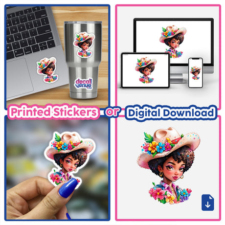 Adorable Afro Cowgirl Sticker featuring a stylish kawaii western-inspired design. Collage showcases a laptop displaying the sticker and a close-up of the detailed cartoon girl with a hat and flowers.