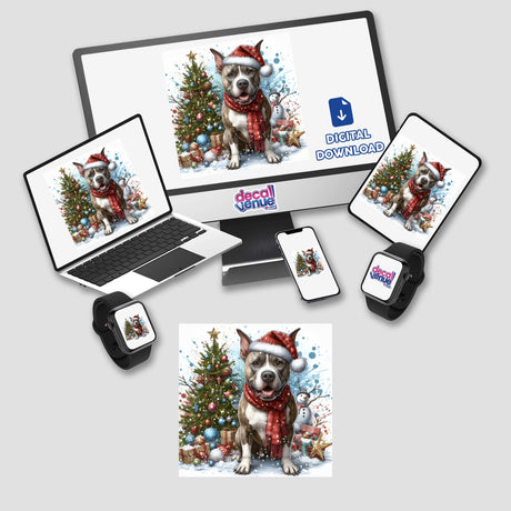 Watercolor Christmas Pitbull Dog on a computer monitor and laptop, wearing a hat and scarf, available as stickers or digital artwork.