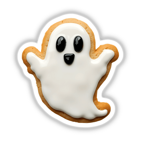 Ghost Shaped Cookie with White Icing and Black Eyes, available as stickers or digital artwork from Decal Venue, featuring a cartoonish design with prominent black eyes on white frosting.