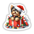 Christmas Lights Santa Yorkie Dog in Gift Box features a cute Yorkie wearing a Santa hat, nestled in a gift box with Christmas lights, available as stickers or digital artwork.