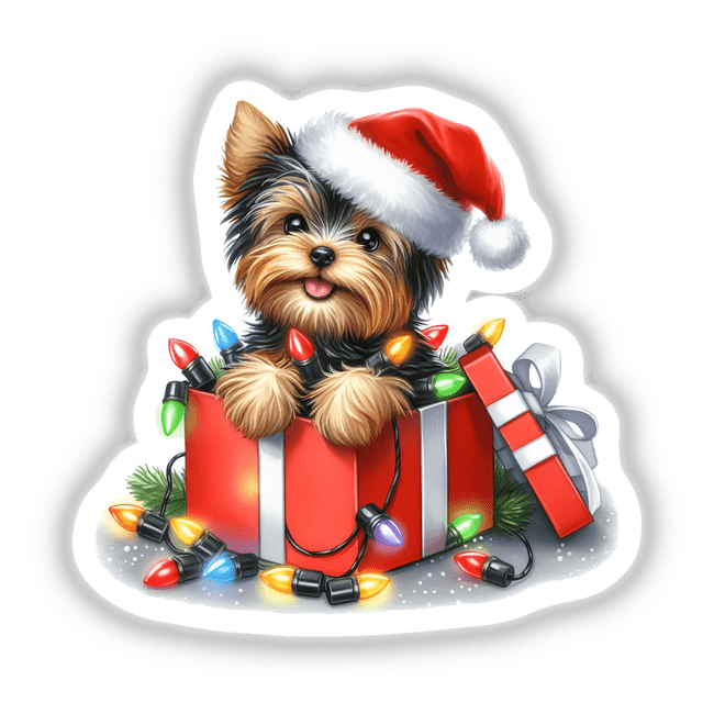 Christmas Lights Santa Yorkie Dog in Gift Box features a cute Yorkie wearing a Santa hat, nestled in a gift box with Christmas lights, available as stickers or digital artwork.