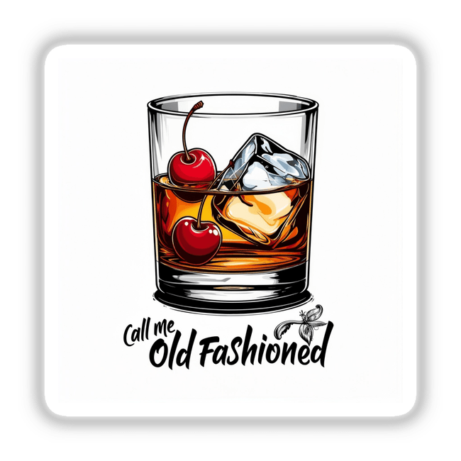 Call Me Old Fashioned Whiskey Glass featuring ice cubes and cherries, available as stickers or digital artwork from Decal Venue, highlighting unique vinyl sticker styles and digital art themes.