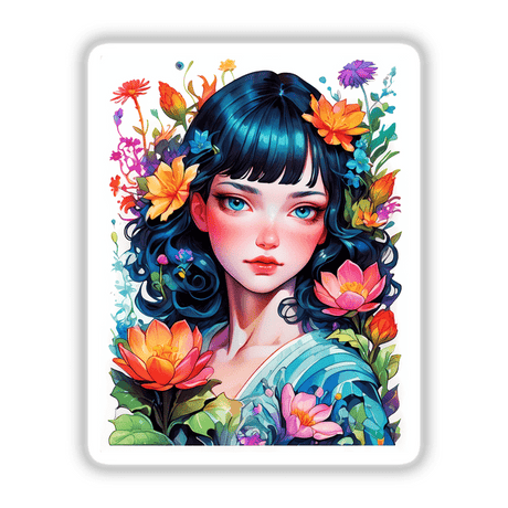 Floral Portrait: A cartoon woman with pink hair and flowers in her hair, featuring detailed flowers and blue eyes. Available as stickers or digital artwork.