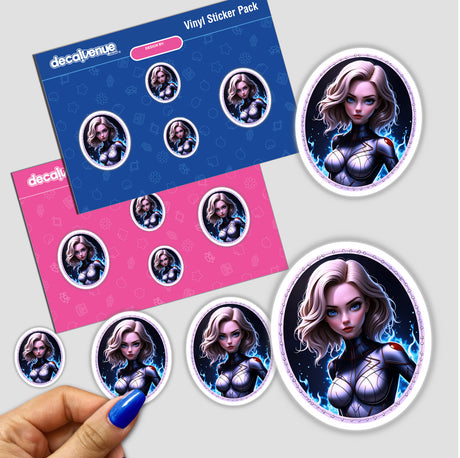 A Cute Anime Superhero Girl sticker features a cartoon woman in various poses. Available as stickers or digital artwork, ideal for fans of unique vinyl decals from Decal Venue.