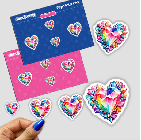 Colorful Heart Made of Diamonds: Sticker Design, featuring a close-up of a hand holding a heart-shaped sticker adorned with colorful gems. Available as Stickers or Digital Artwork from Decal Venue.