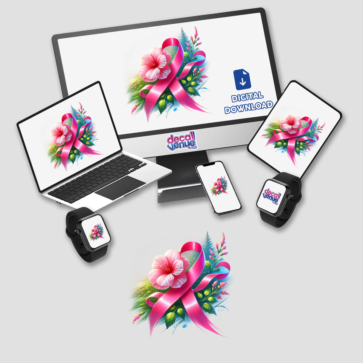 Blooming Flower with Breast Cancer Pink Ribbon displayed on a computer monitor, laptop, and smartwatch, available as stickers or digital artwork.