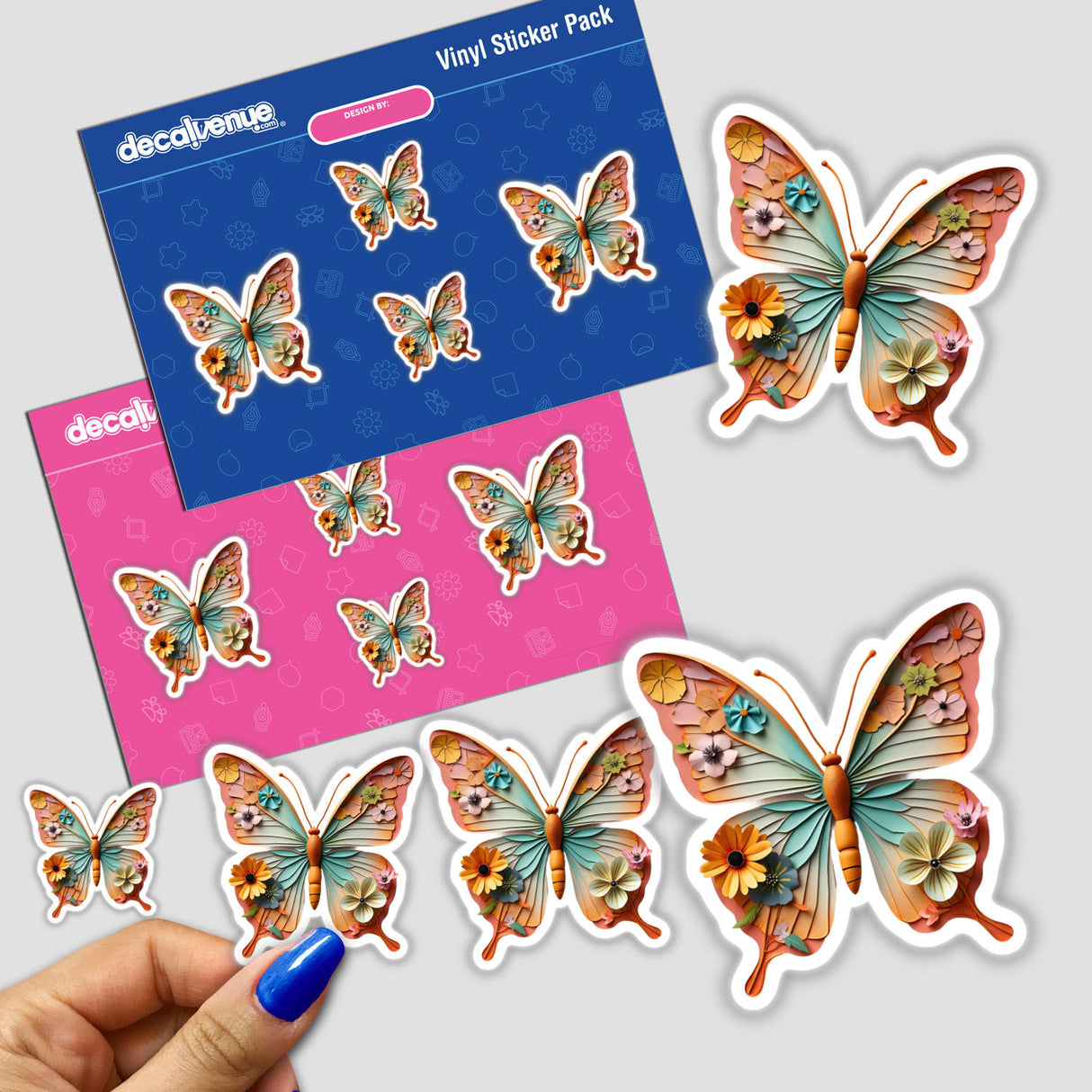 Butterfly Paper Collage Art sticker pack featuring intricate butterfly designs with flowers and leaves, available as stickers or digital artwork.