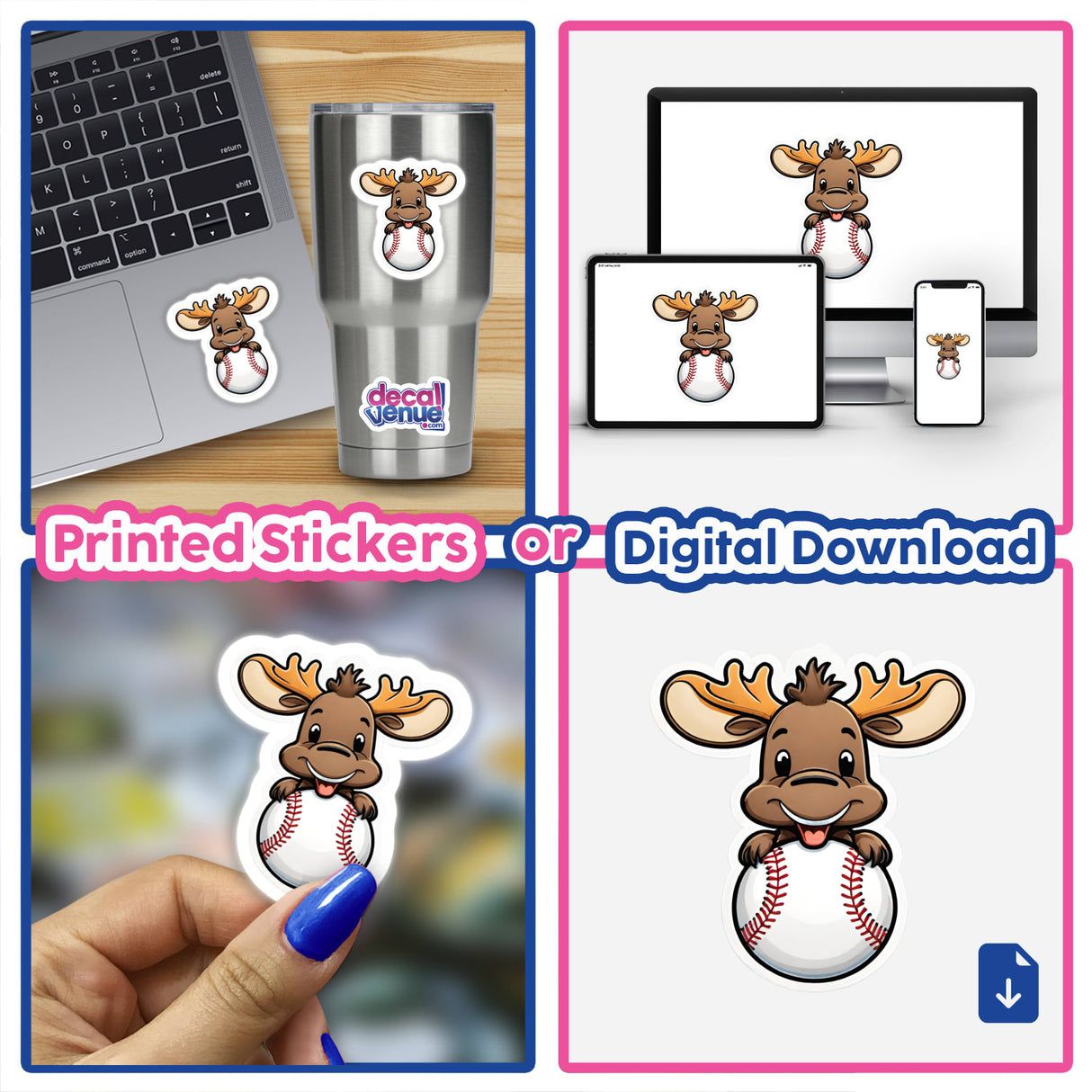 Playful baseball moose digital artwork featuring a moose character with antlers holding a baseball, displayed on various digital devices and as a printed sticker.
