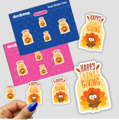 Hand holding a Happy Thanksgiving Greeting sticker pack, featuring a turkey design, available as stickers or digital artwork from Decal Venue, highlighting their unique sticker and digital art offerings.