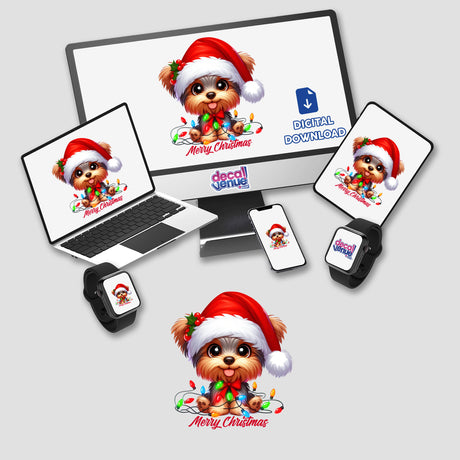 Merry Christmas Santa Yorkie Dog depicted on a computer monitor, laptop, and mouse pad, showcasing a cartoon dog in a Santa hat with Christmas lights, available as stickers or digital artwork.