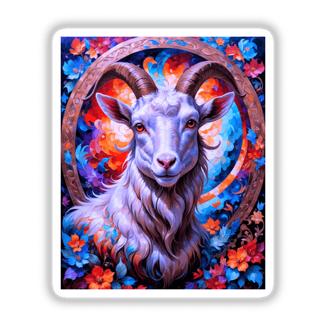 A Cute Goat With Blooming Flowers: A painting of a goat adorned with colorful flowers, available as stickers or digital artwork from Decal Venue, specializing in unique vinyl stickers and digital art.