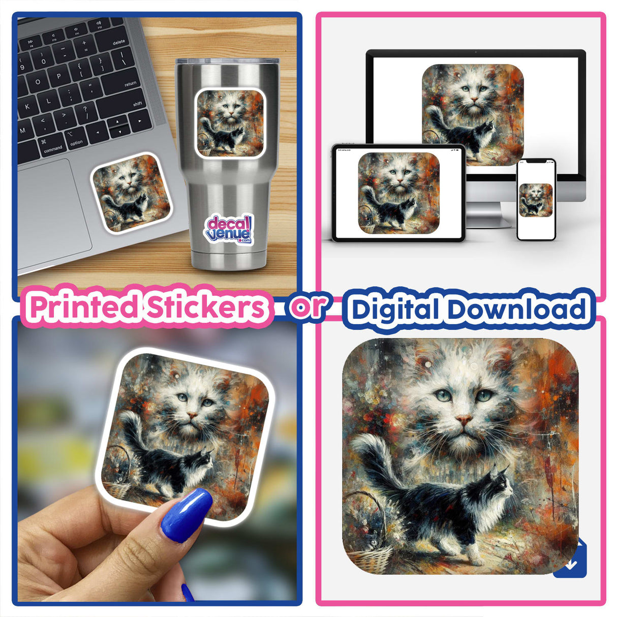 Maine Coon Kitties 3: A collage showcasing a laptop and phone adorned with cat-themed stickers, including a prominent sticker of Maine Coon kittens, available as unique stickers or digital artwork.