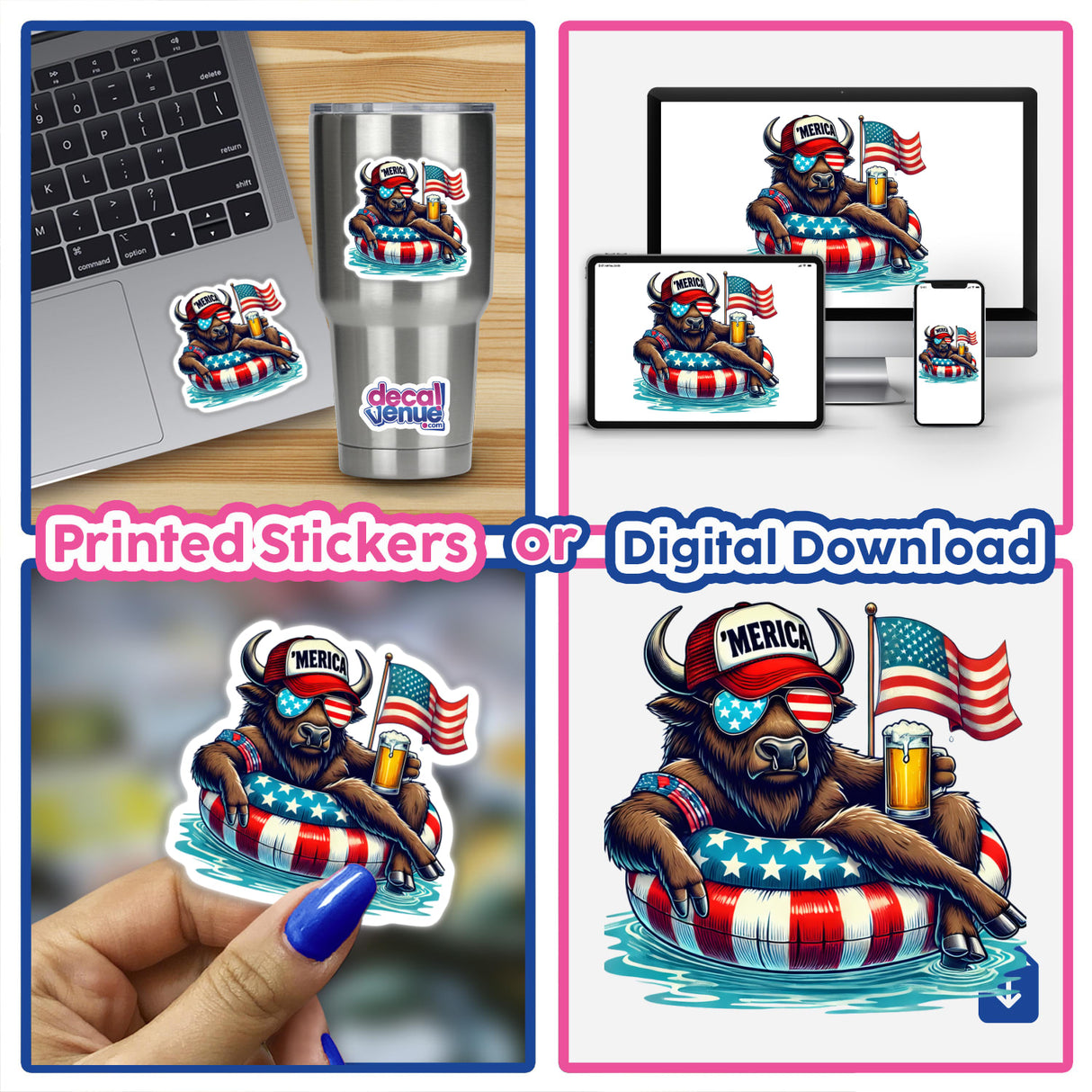 Collage featuring Bison American Flag Float Merica stickers and digital artwork, showcasing a cartoon bull with a hat and glasses holding a beer and flag.