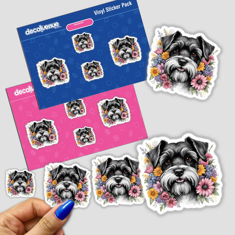 Colorful Schnauzer Dog Portrait Stickers - Artistic digital artwork featuring close-up illustrations of a Schnauzer dog surrounded by vibrant floral elements, available as a vinyl sticker pack from Decal Venue.