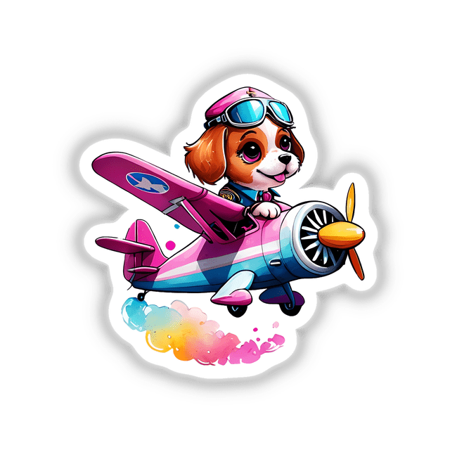 Cute Dog in a Pink Vintage Plane: Sticker Design – Featuring a cartoon dog with hat and goggles piloting a pink plane, perfect for adding charm to any surface or digital collection.