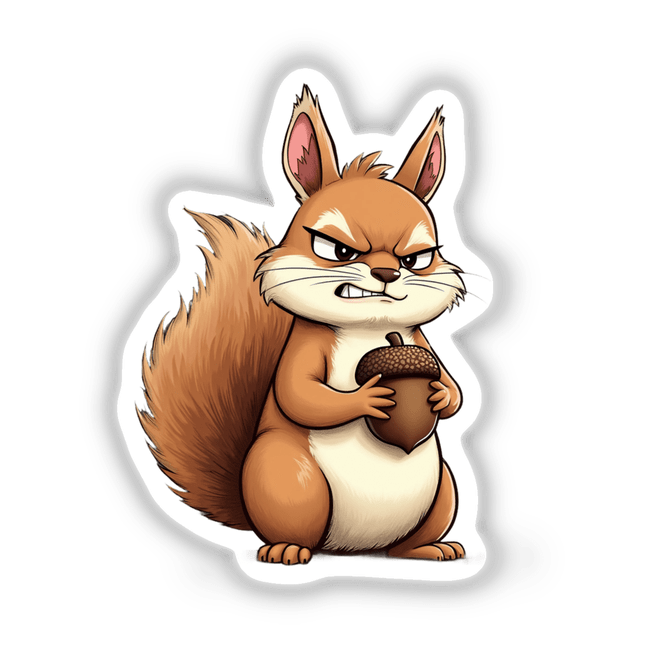 Cute Grumpy Squirrel Holding Acorn Cartoon available as stickers or digital artwork; features a cartoon squirrel with an annoyed expression clutching an acorn. Ideal for unique decor or digital use.