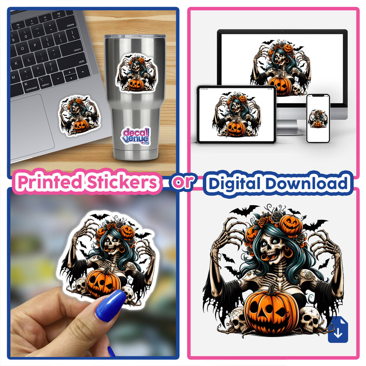 Delirious Halloween Skeleton Zombie Mama sticker, featuring a cartoon skeleton woman with pumpkins, ideal for decorating laptops or cups. Available as unique stickers or digital artwork from Decal Venue.