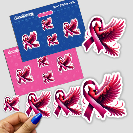 Cardinal Bird Pink Ribbon Breast Cancer stickers featuring a bird with pink ribbons, available as physical stickers or digital artwork.