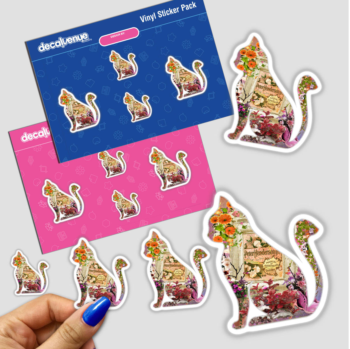 Floral Kitty 3 - Colorful vinyl stickers with floral cat designs on pink and blue package backgrounds, displayed on a bright white surface.