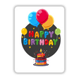 Happy Birthday with Balloons card featuring cartoon cake, colorful balloons, and decorative letters, available as stickers or digital artwork.