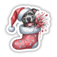 Pitbull Santa Dog in Christmas Stocking, featuring a dog wearing a Santa hat and nestled in a festive stocking, available as stickers or digital artwork from Decal Venue.