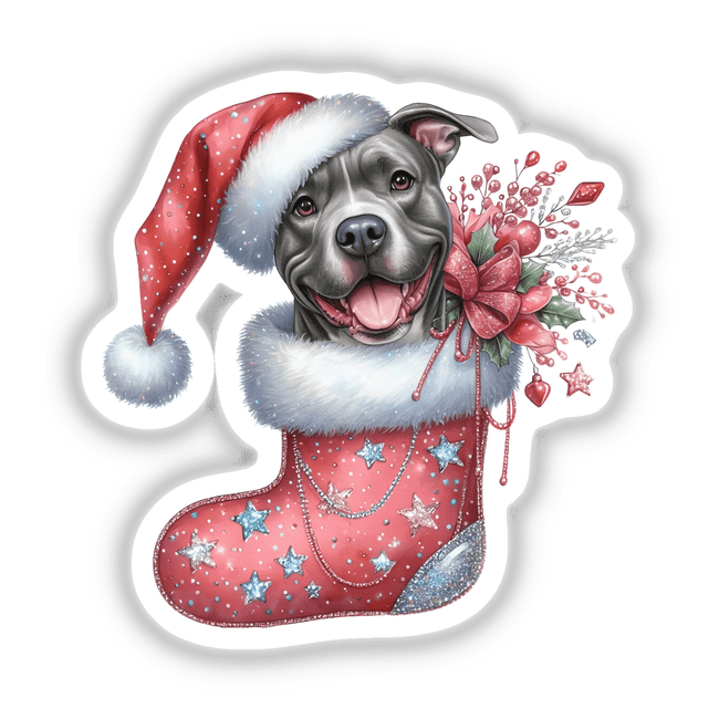 Pitbull Santa Dog in Christmas Stocking, featuring a dog wearing a Santa hat and nestled in a festive stocking, available as stickers or digital artwork from Decal Venue.