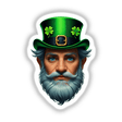 St. Patrick's Day Leprechaun illustration featuring a bearded man in a clover-adorned green hat, available as unique stickers or digital artwork from Decal Venue.