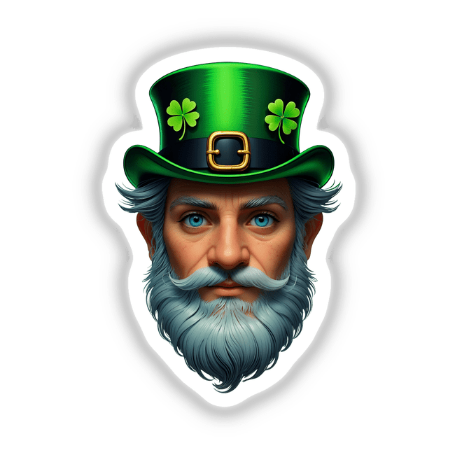 St. Patrick's Day Leprechaun illustration featuring a bearded man in a clover-adorned green hat, available as unique stickers or digital artwork from Decal Venue.