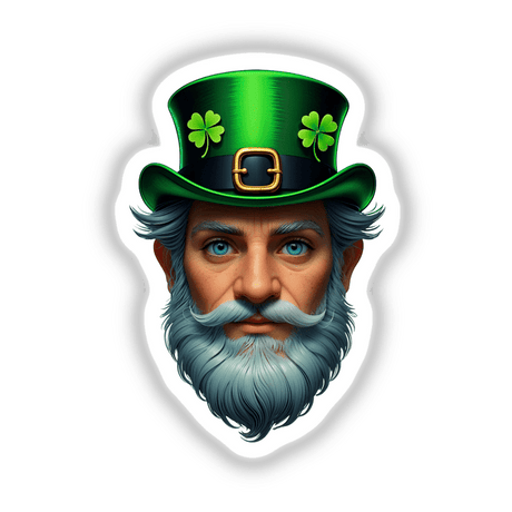 St. Patrick's Day Leprechaun illustration featuring a bearded man in a clover-adorned green hat, available as unique stickers or digital artwork from Decal Venue.