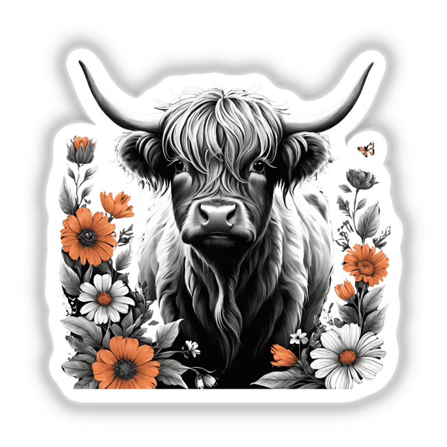 Highland Cow Floral Accents PA04: Artistic depiction of a horned cow adorned with flowers, available as stickers or digital artwork from Decal Venue.