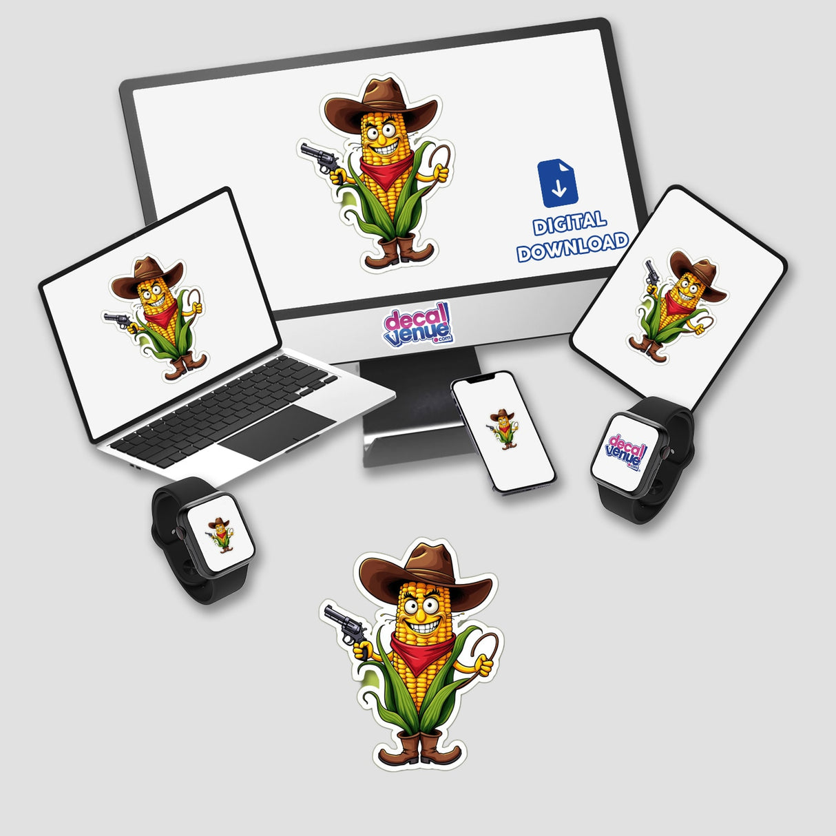 Milho Pistola digital artwork and stickers: a cartoon corn character holding a gun, displayed on a monitor and laptop.