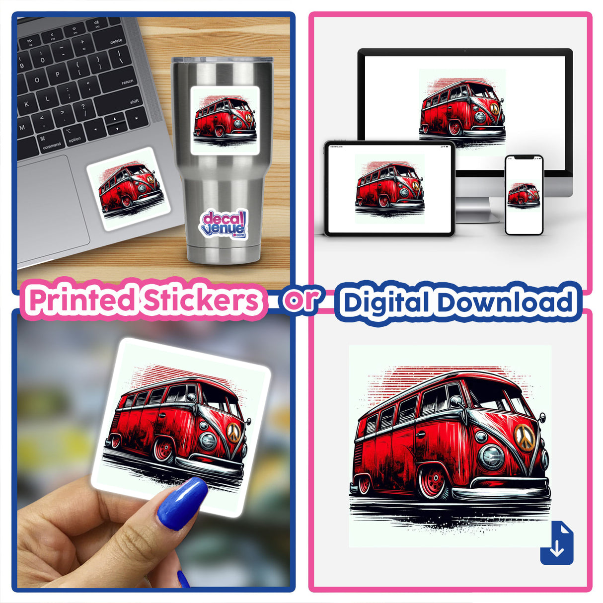 Vibrant VW bus digital artwork showcased on various products from Decal Venue's unique sticker and art collection.